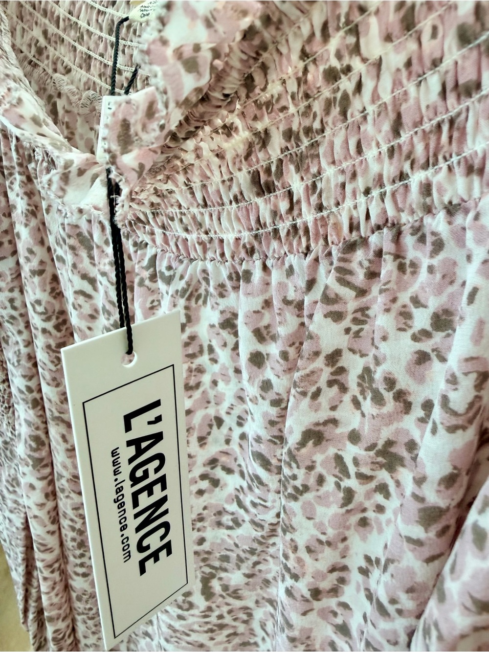 NWT! L’AGENCE Mona Smocked Silk Crepe Off-Shoulder Leopard Blouse XS